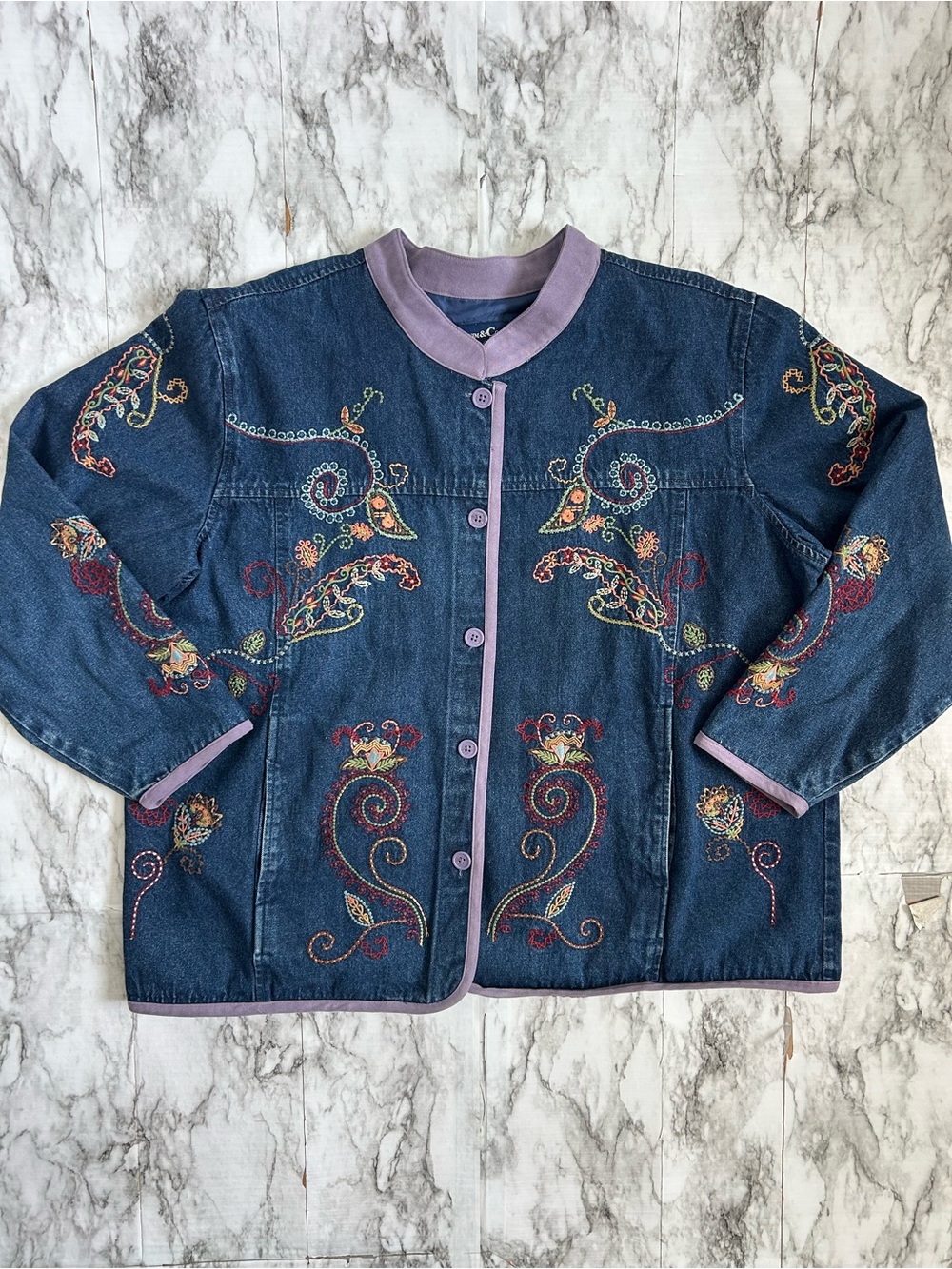 Denim&Co Vintage Women's 2X Floral Embroidered Denim Jean Jacket